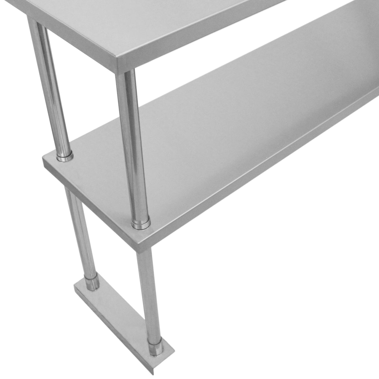 Ripiano doppio in acciaio inox lucido, 150 cm, con supporti metallici robusti, ideale per cucina e ristoranti, design moderno e funzionale
