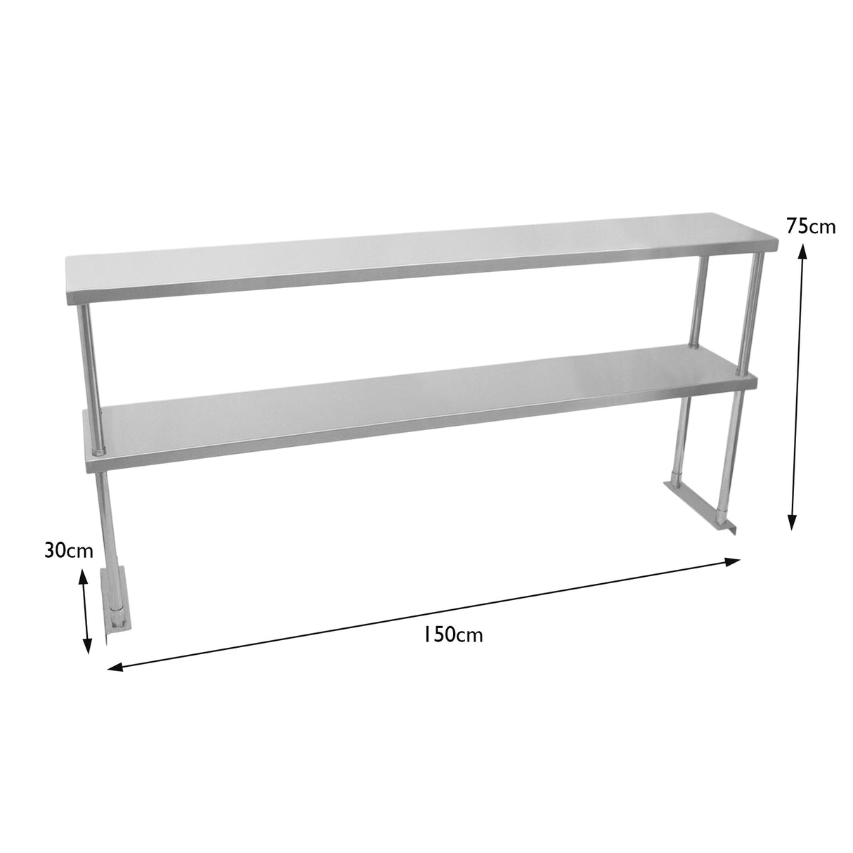 Ripiano doppio per tavolo da cucina, in acciaio inox lucido, dimensioni 150x75x30 cm, con supporti robusti e design moderno
