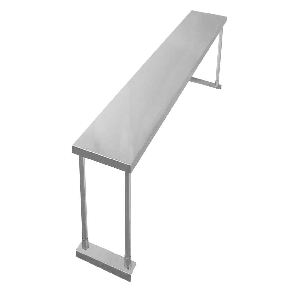 Ripiano per tavolo da cucina in acciaio inox, lungo 180 cm, con superficie liscia e finitura lucida, supportato da robusti piedi metallici