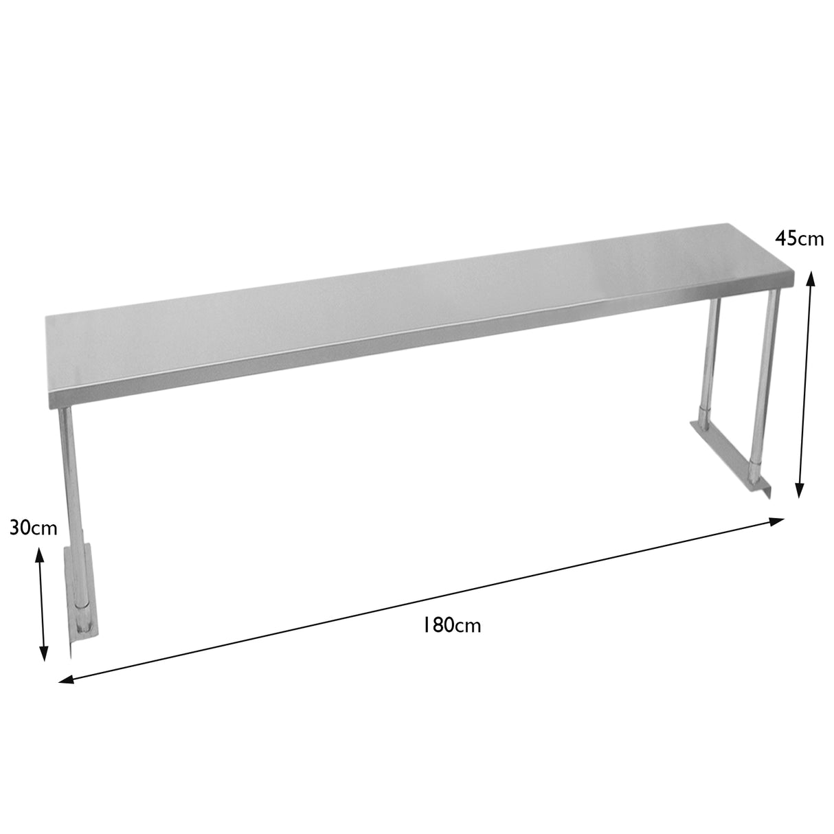 Ripiano per tavolo da cucina in acciaio inox, lungo 180 cm, largo 30 cm e alto 45 cm, con finitura lucida e design elegante