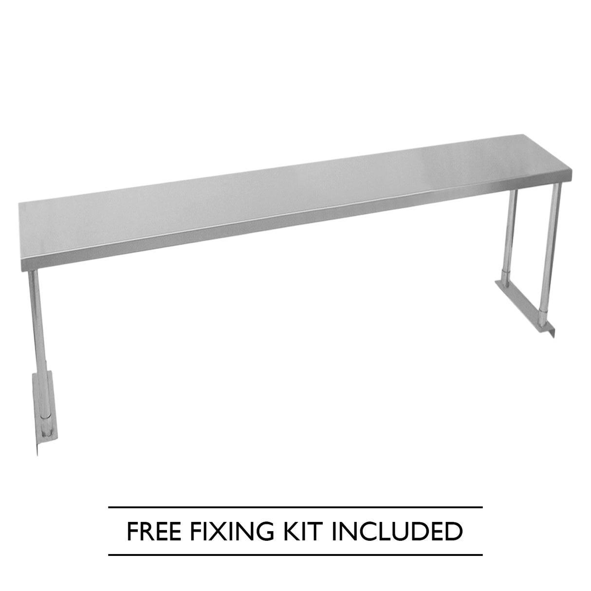 Ripiano per tavolo da cucina in acciaio inox lucido, lungo 180 cm, con supporti regolabili e kit di fissaggio incluso