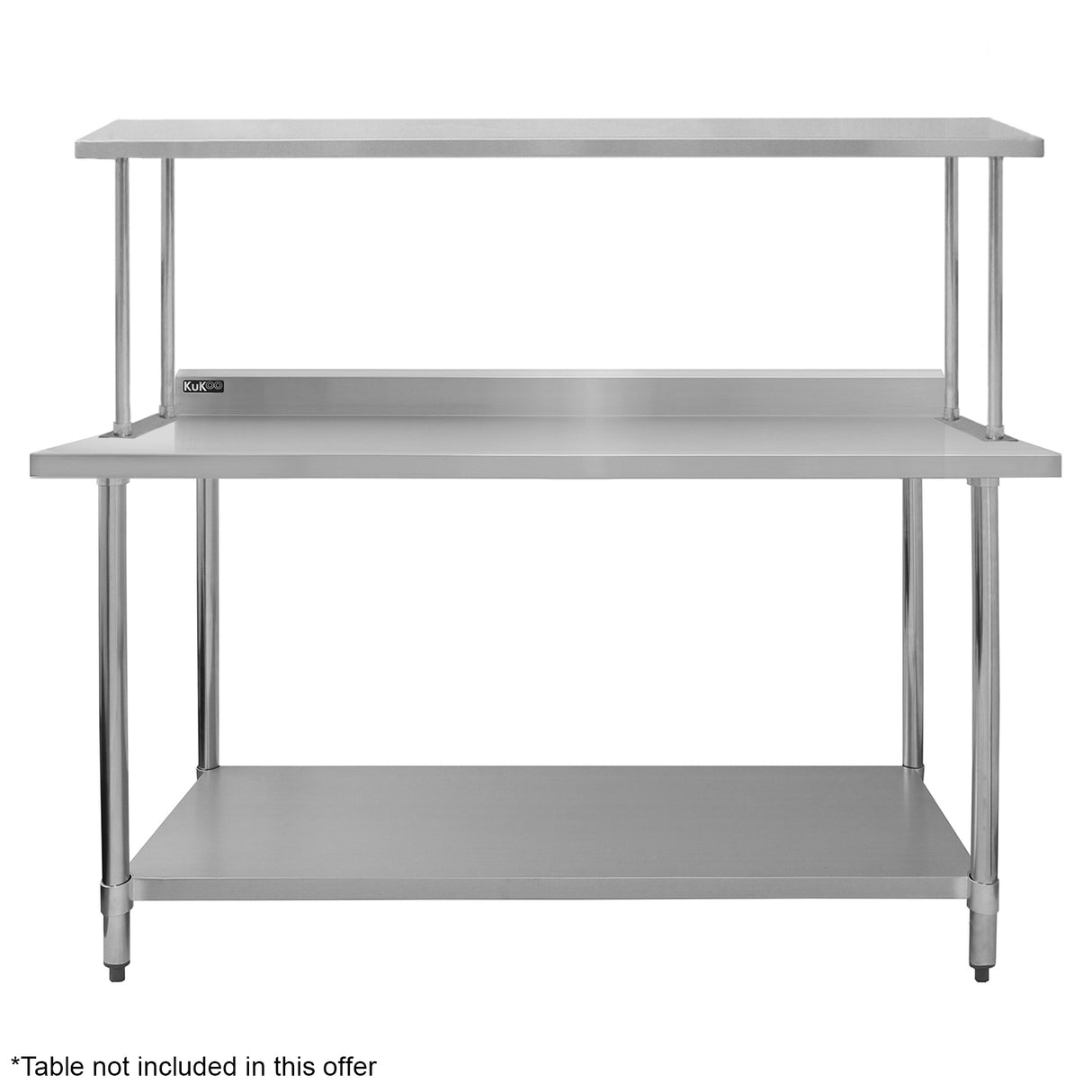 Ripiano in acciaio inox lucido, design moderno, dimensioni 180cm, con supporti robusti e superficie liscia per uso in ristoranti