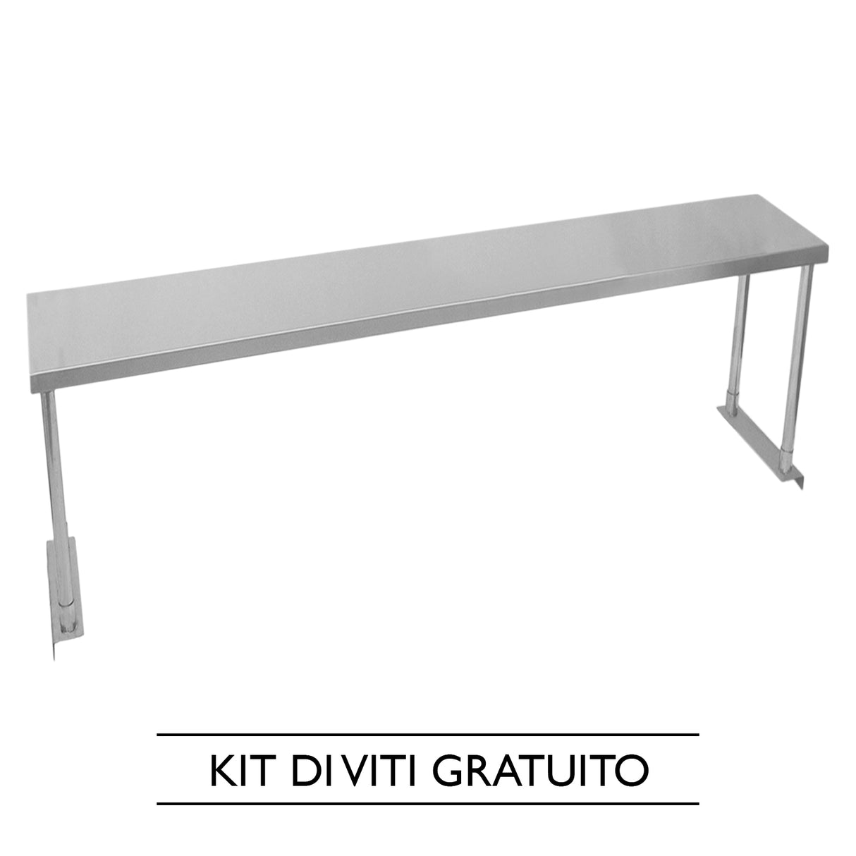 Ripiano per tavolo da cucina in acciaio inox lucido, lungo 180 cm, con supporti robusti e finitura liscia per un aspetto elegante