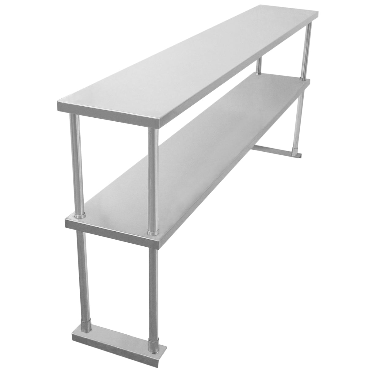 Ripiano da cucina in acciaio inox, doppio, lungo 180 cm, con finitura lucida e supporti robusti per uso ristorativo