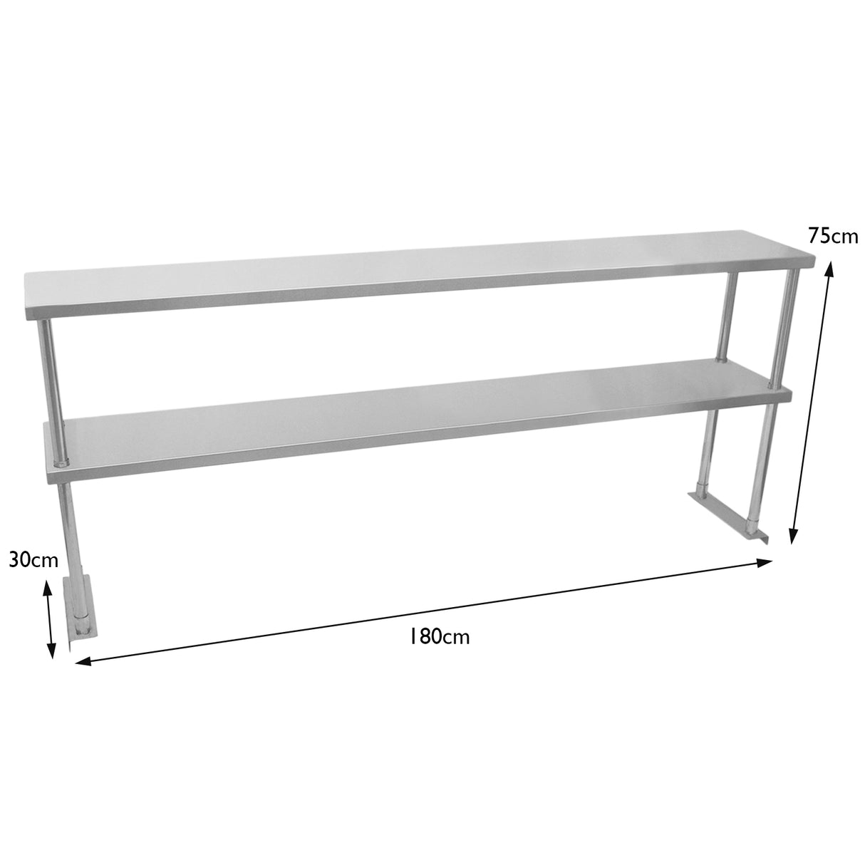 Ripiano doppio in acciaio inox per cucina, 180 cm di lunghezza, con finitura lucida e struttura robusta, ideale per ristoranti