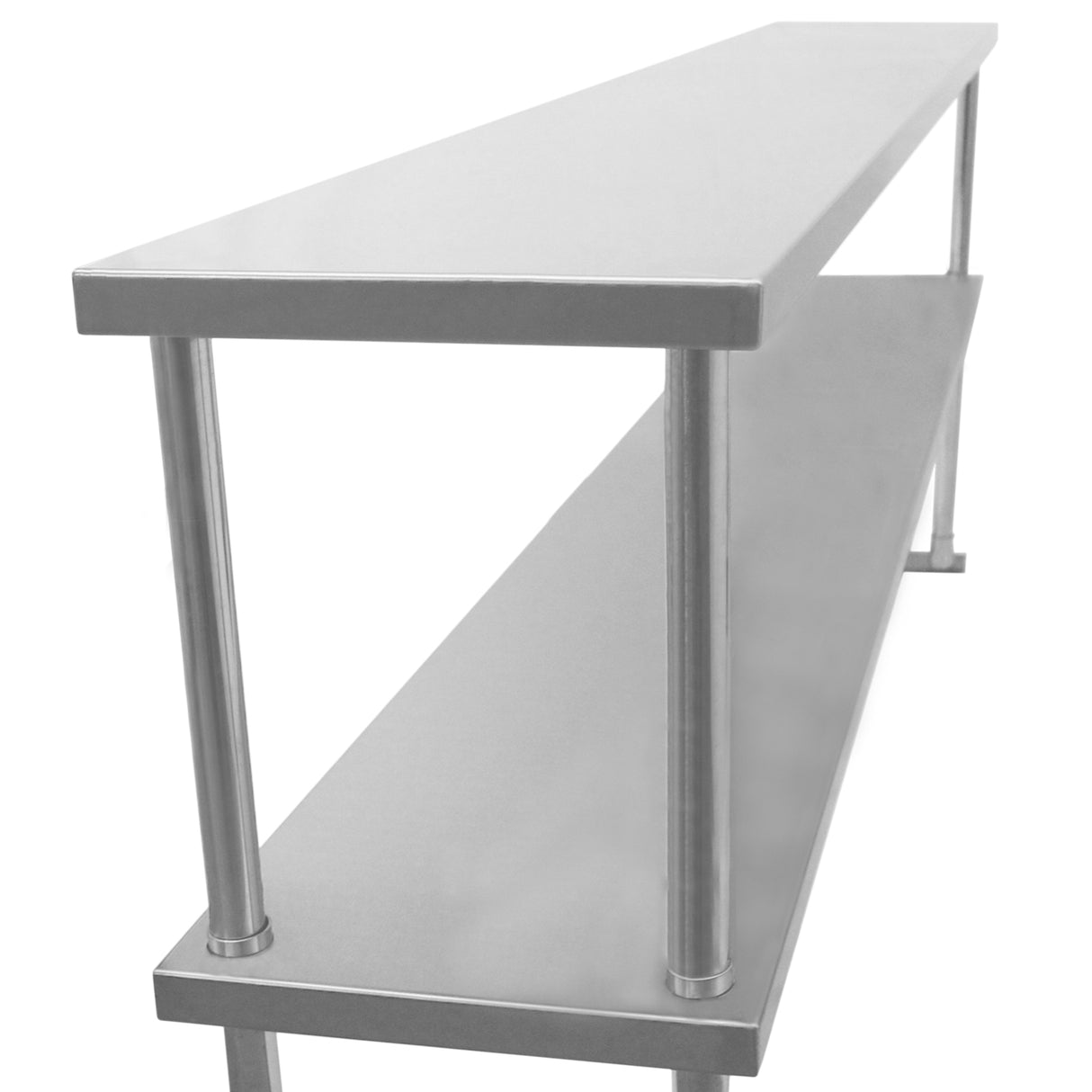 Ripiano doppio in acciaio inox lucido, lungo 180 cm, con supporti cilindrici, ideale per cucina e ristoranti, resistente e moderno