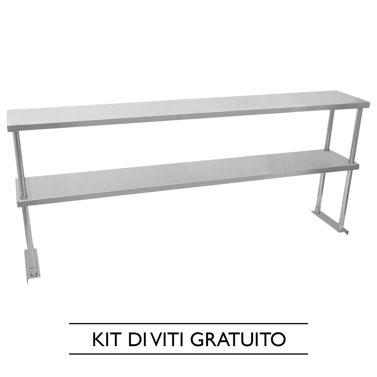 Ripiano doppio in acciaio inox lucido per tavolo da cucina, lungo 180 cm, con supporti robusti e design elegante, ideale per ristoranti