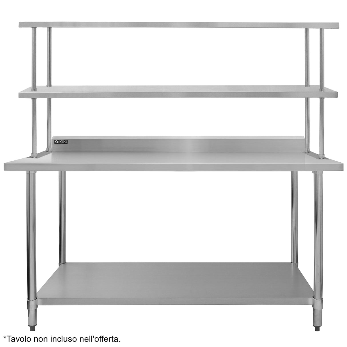 Ripiano doppio in acciaio inox per cucina, 180 cm, con struttura robusta e superficie liscia, ideale per ristoranti e preparazione cibi