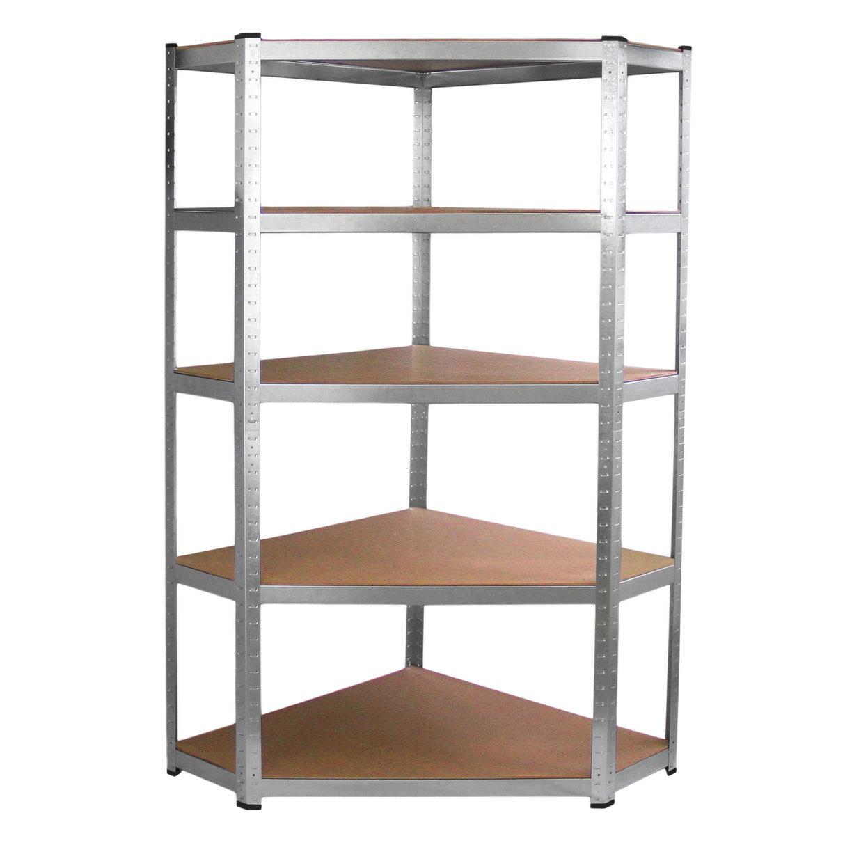 Scaffale ad angolo Galwix in acciaio grigio, design senza bulloni, con cinque ripiani in MDF, ideale per ottimizzare spazi ridotti