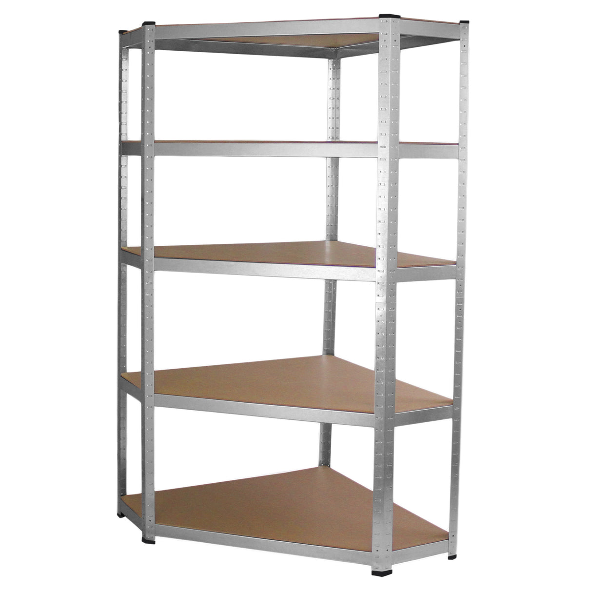 Scaffale ad angolo Galwix in acciaio grigio, senza bulloni, con cinque ripiani in legno, design moderno e funzionale per spazi ridotti
