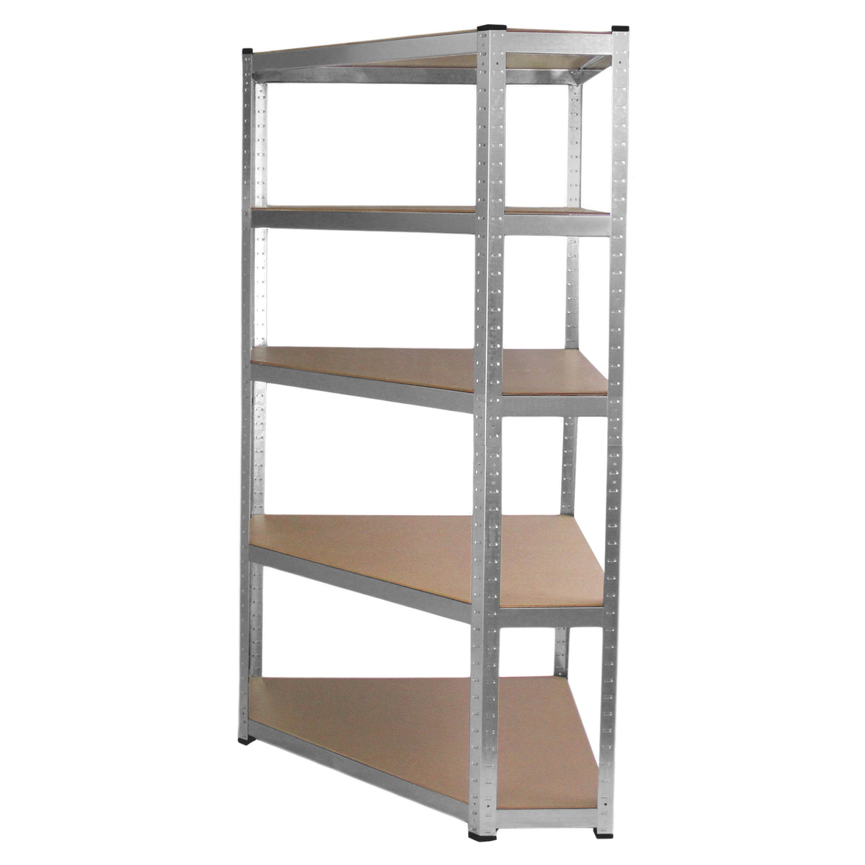 Scaffale ad angolo Galwix in acciaio grigio senza bulloni, con cinque ripiani in MDF, design moderno e funzionale per spazi ridotti