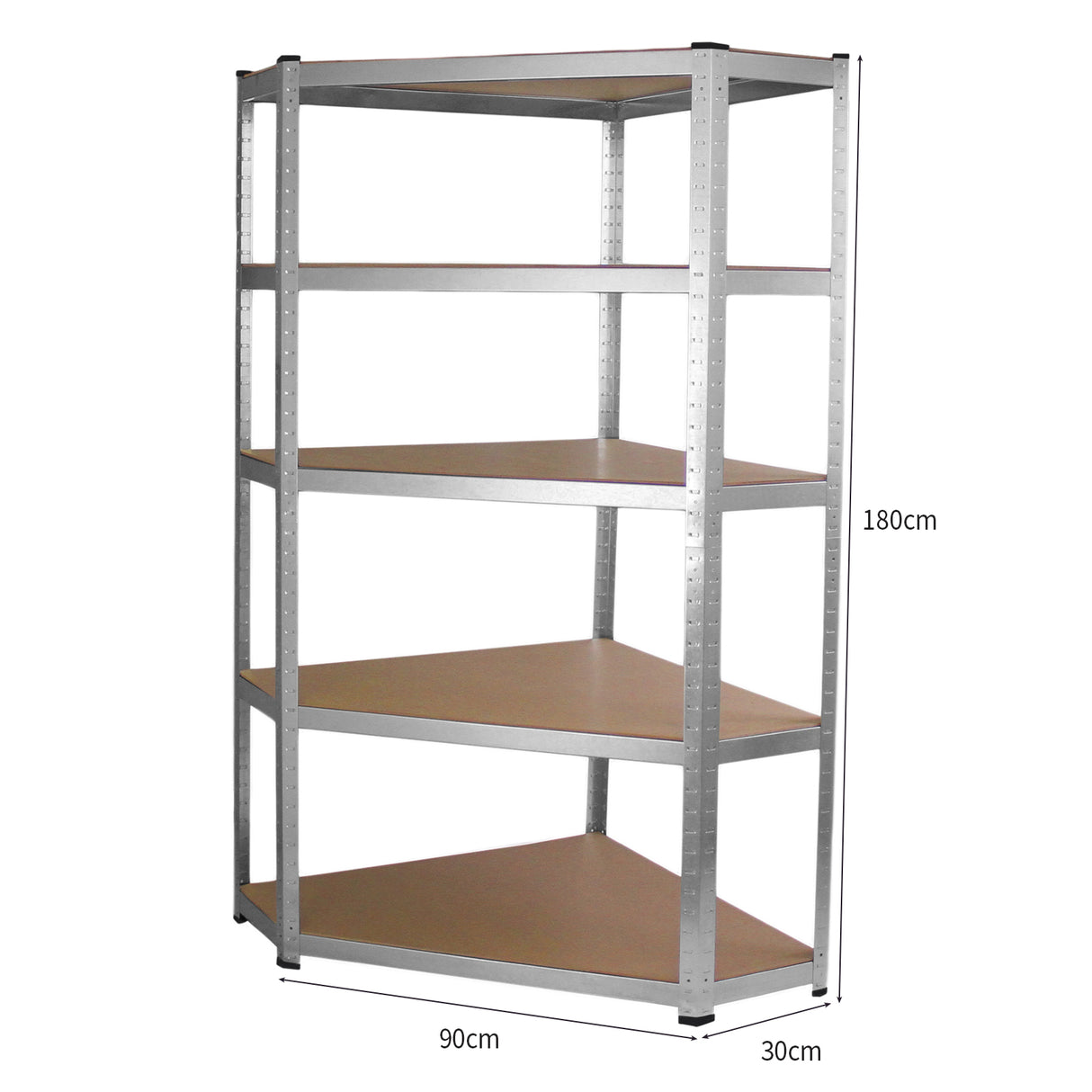 Scaffale ad angolo Galwix in acciaio grigio, senza bulloni, con cinque ripiani in MDF, altezza 180 cm e profondità 30 cm