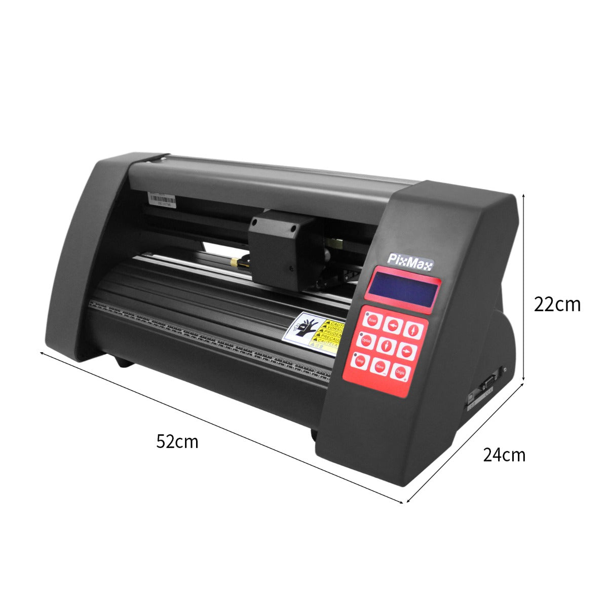 Taglierina per vinile nera, dimensioni 52x24x22 cm, con tastiera rossa e display, progettata per tagli precisi e dettagliati