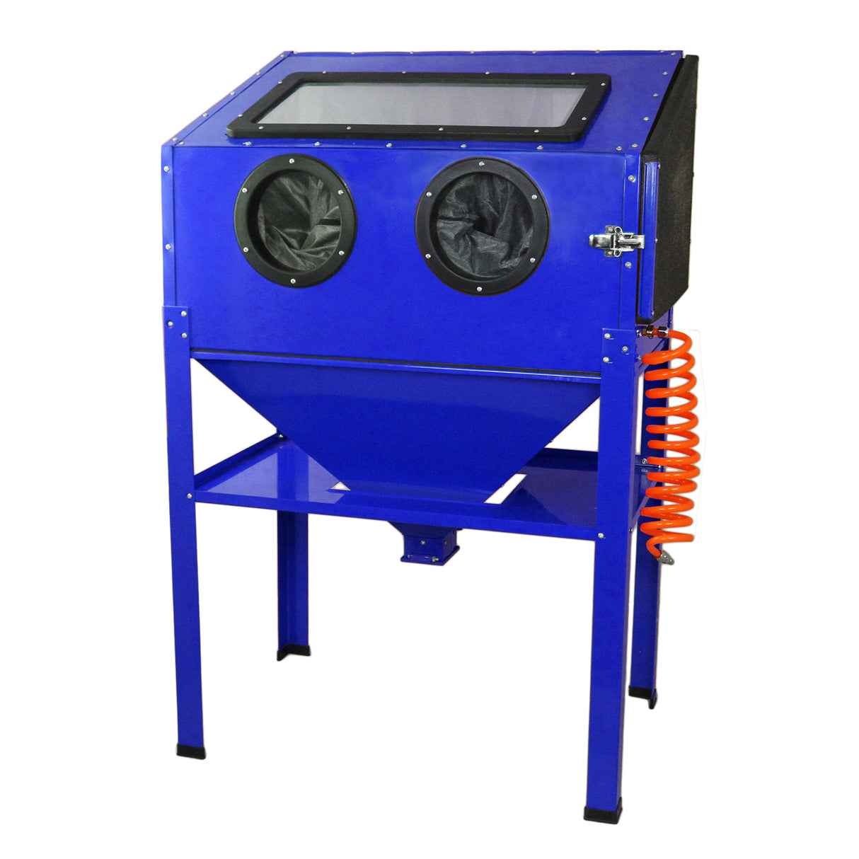Cabina sabbiatrice MaxBlast da 220 litri, struttura blu, finestra trasparente, due aperture circolari e tubo flessibile arancione
