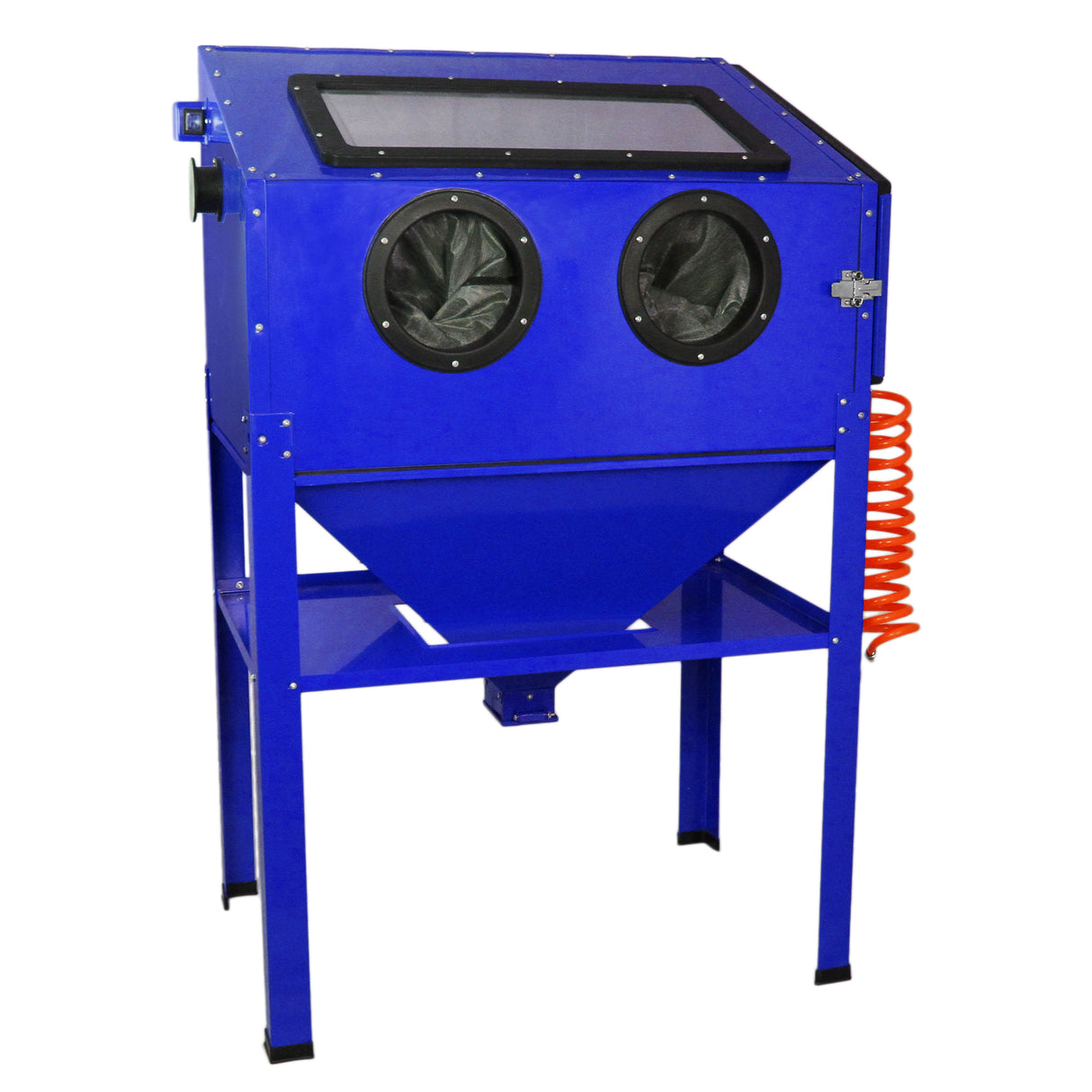 Cabina sabbiatrice MaxBlast da 220 litri, struttura blu, con finestra trasparente e tubi flessibili arancioni per l'aspirazione