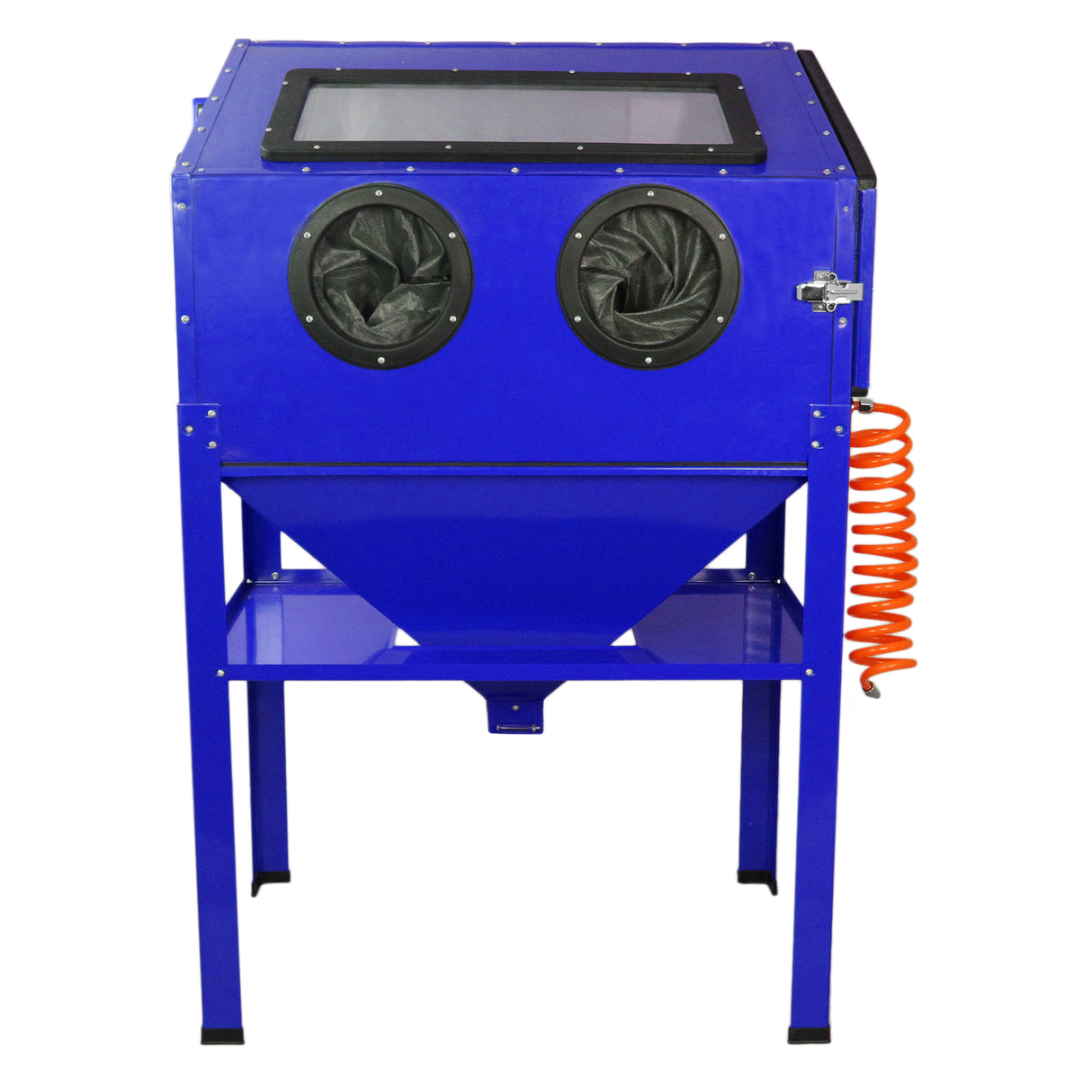Cabina sabbiatrice MaxBlast da 220 litri, struttura metallica blu, con finestra trasparente e tubi arancioni per l'aria compressa