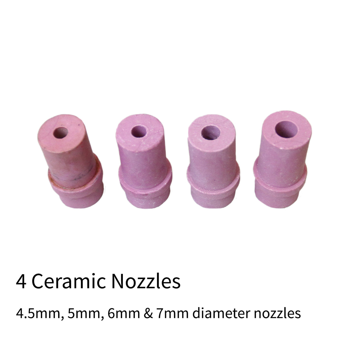Quattro ugelli in ceramica di diametro 4.5mm, 5mm, 6mm e 7mm, con finitura liscia e colorazione rosa chiaro, per cabina sabbiatrice