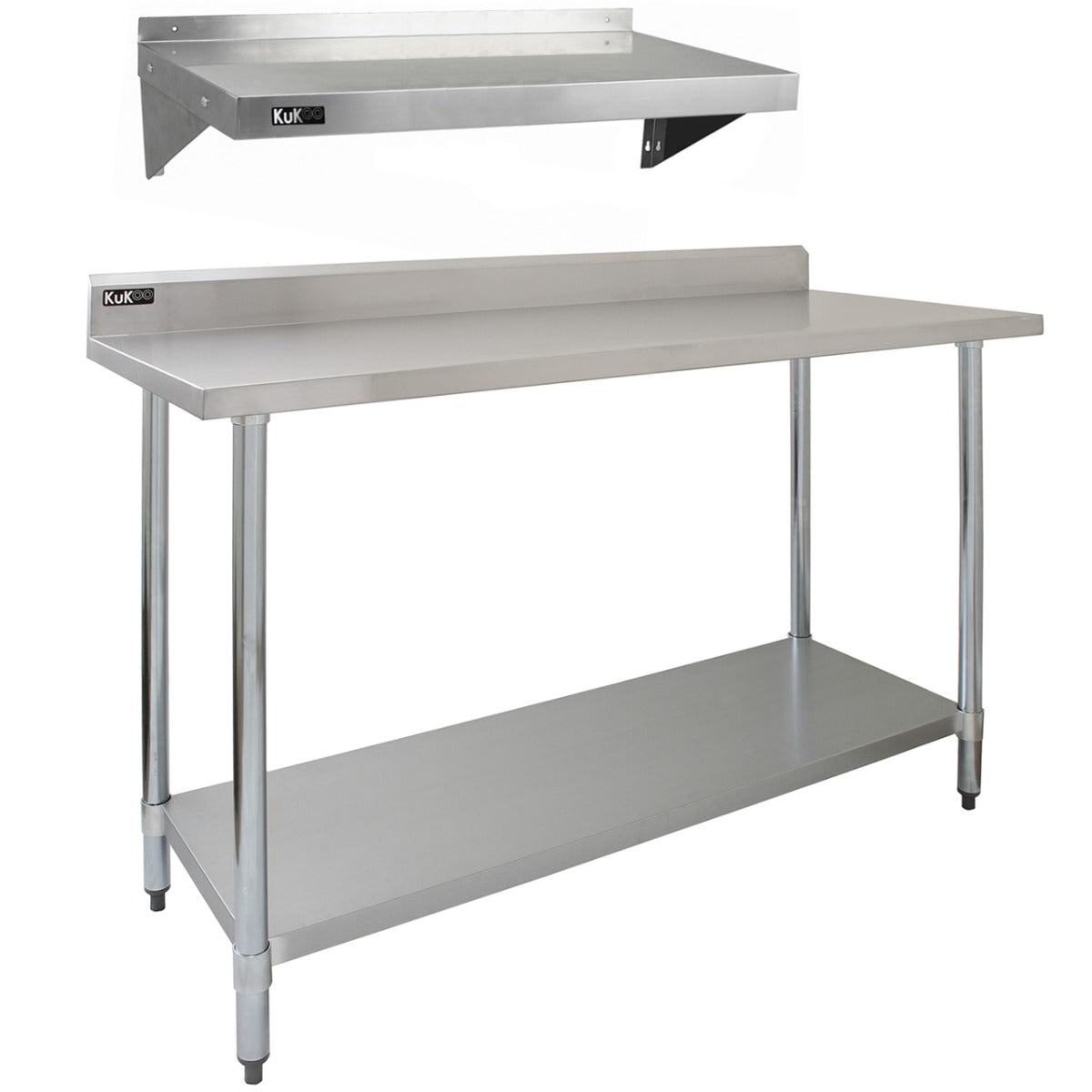 Tavolo da cucina commerciale in acciaio inox da 150 cm con due mensole a muro da 125 cm, superficie liscia e resistente, design funzionale