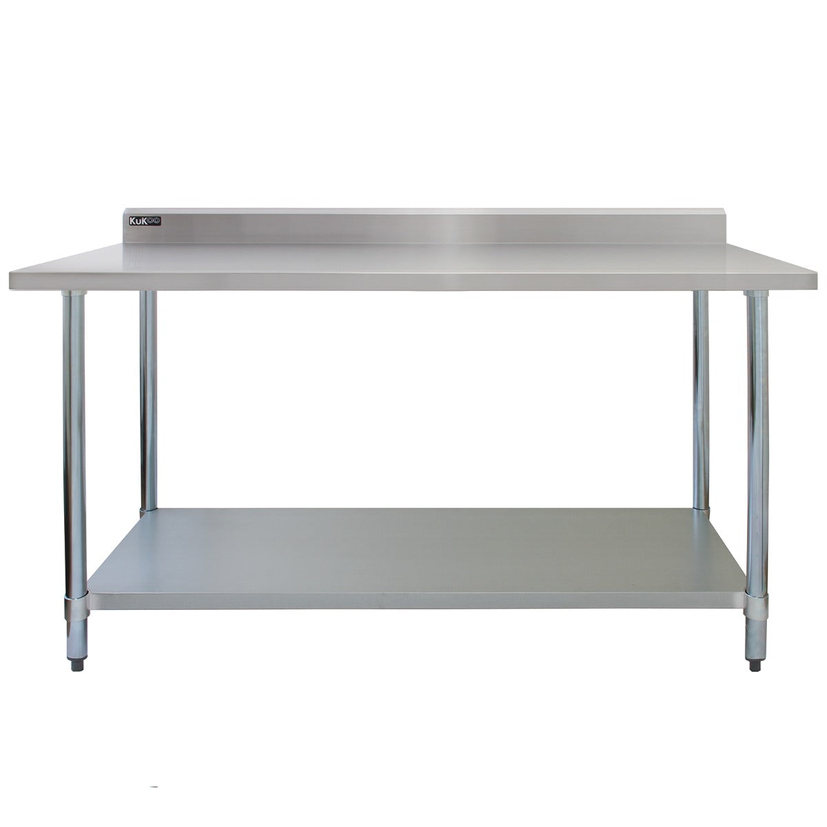 Tavolo da cucina commerciale in acciaio inox, 150 cm di lunghezza, con due mensole a muro da 125 cm, superficie liscia e resistente
