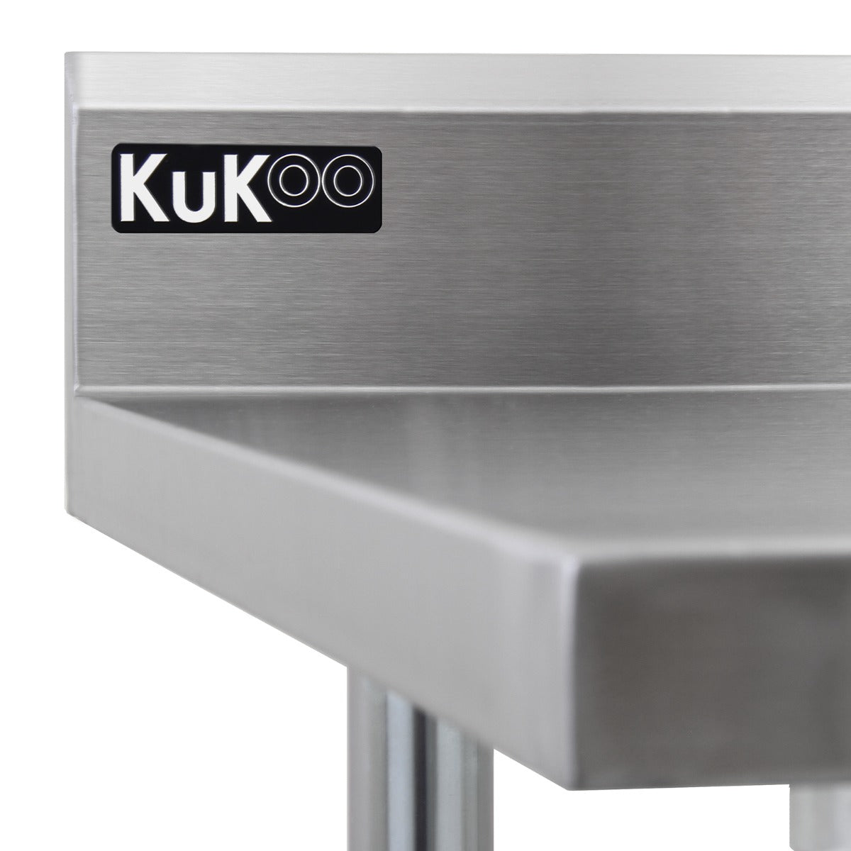 Tavolo da cucina commerciale in acciaio inox lucido, con bordi smussati e logo KuKoo, ideale per ambienti professionali e resistenti