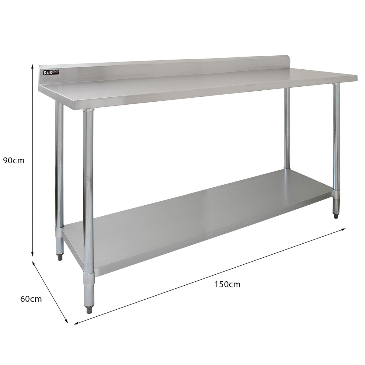 Tavolo da cucina commerciale in acciaio inox, 150 cm di lunghezza, con finitura lucida e due mensole a muro da 125 cm, resistente e funzionale