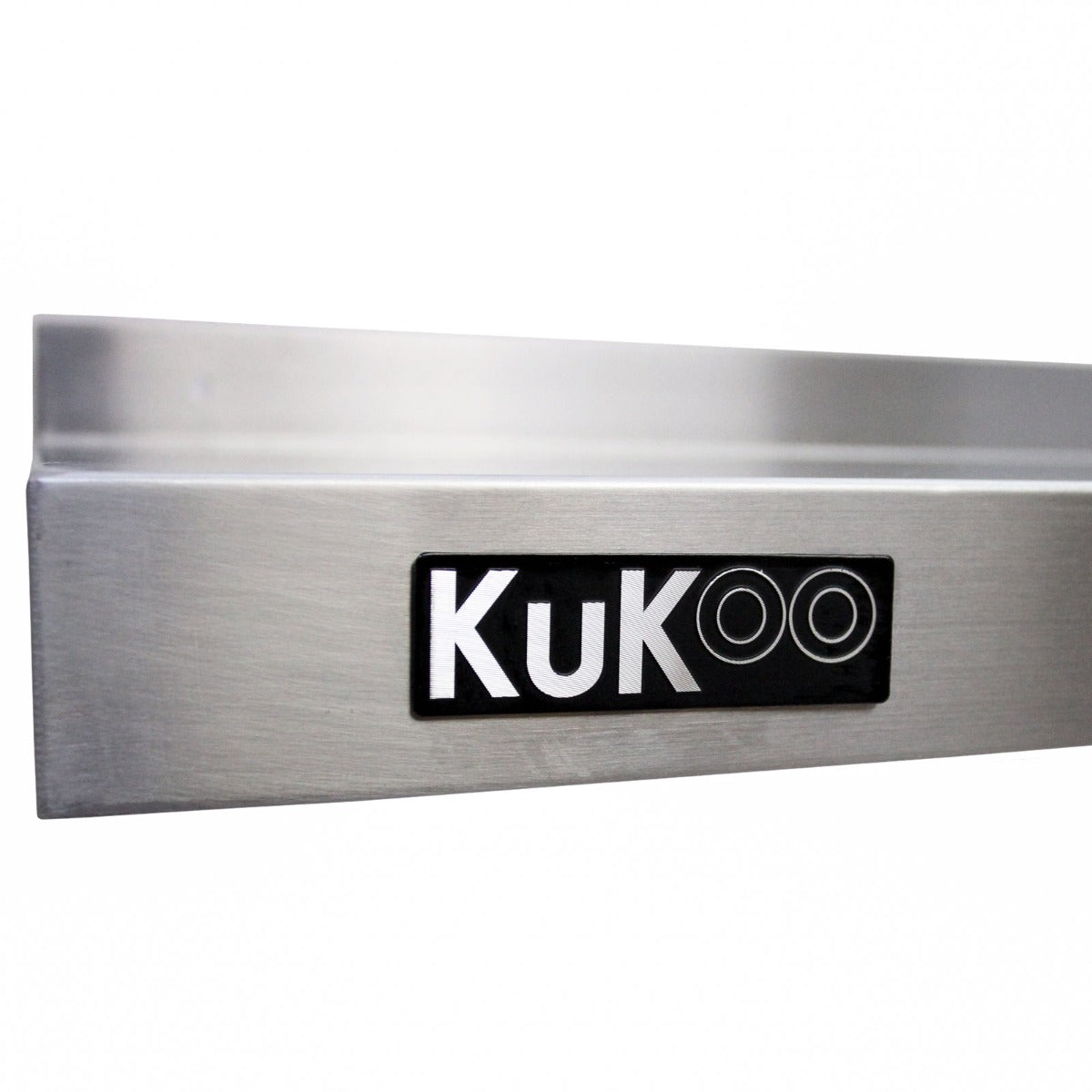 Mensola da cucina in acciaio inox, finitura lucida, con logo KuKOO, ideale per spazi commerciali e organizzazione cucina