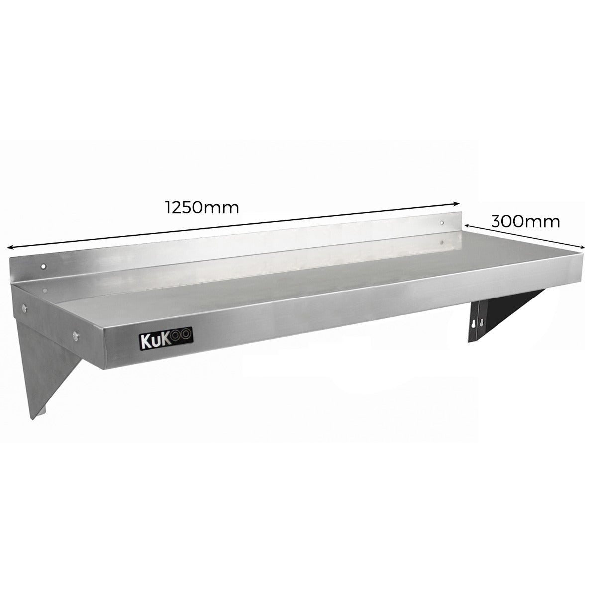 Tavolo da cucina commerciale in acciaio inox, 150 cm, con due mensole a muro da 125 cm, superficie liscia e resistente, ideale per ristoranti