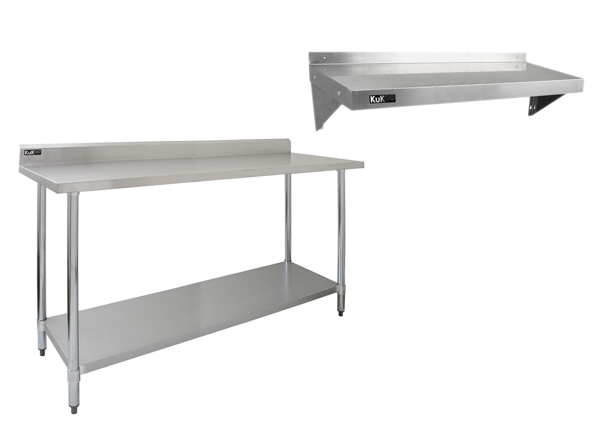 Tavolo da Cucina Commerciale 180cm & 2 Mensole a Muro da 125cm