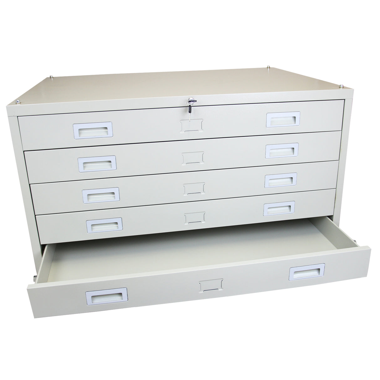 Cassettiera da architetto A1 in metallo grigio chiaro con cinque cassetti ampi, maniglie bianche e finitura liscia, ideale per archiviazione