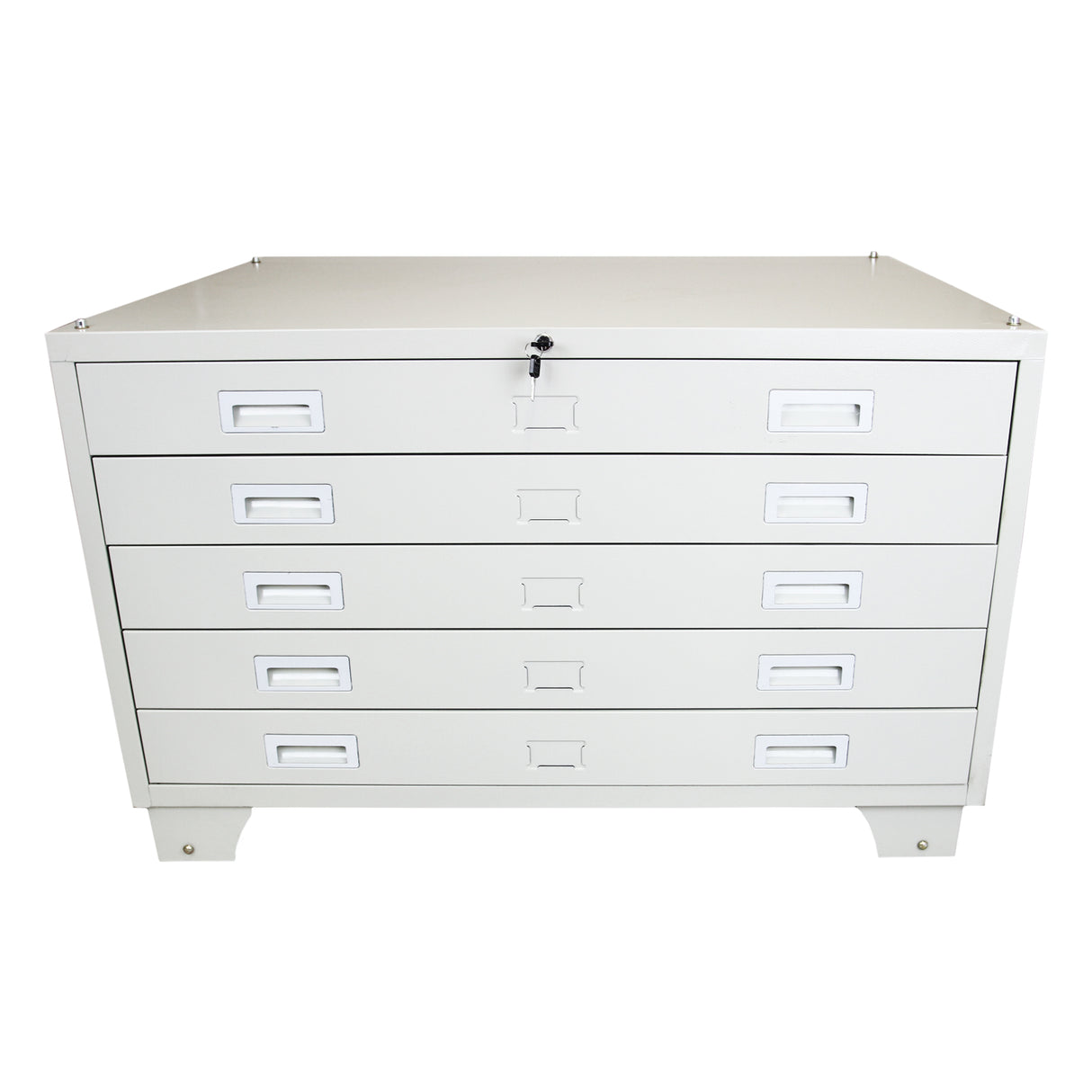 Cassettiera da architetto A1 in metallo bianco, con cinque cassetti ampi e maniglie in plastica, design moderno e funzionale