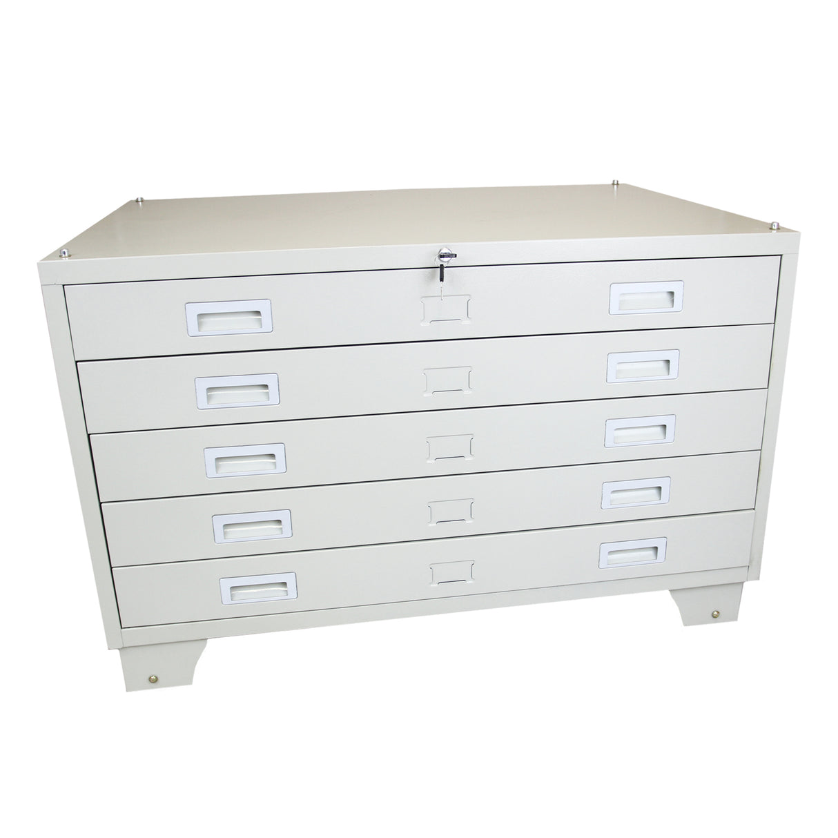 Cassettiera da architetto A1 in metallo grigio chiaro con sei cassetti, maniglie bianche e finitura liscia, ideale per archiviazione professionale
