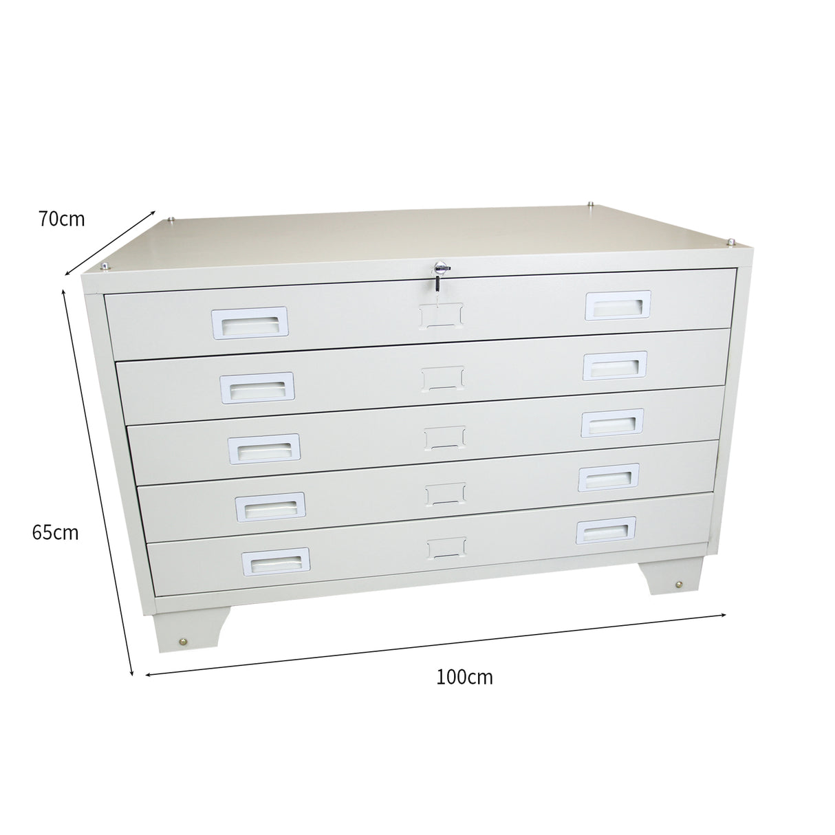 Cassettiera da architetto A1 in metallo grigio chiaro, con sei cassetti, maniglie bianche e dimensioni di 100x70x65 cm