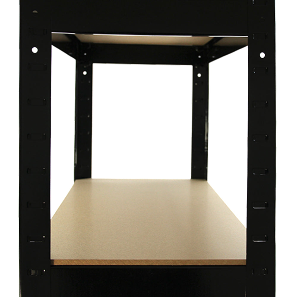Scaffale da garage nero in metallo con ripiano in legno chiaro, struttura robusta e design ad incastro, dimensioni 75cm x 30cm