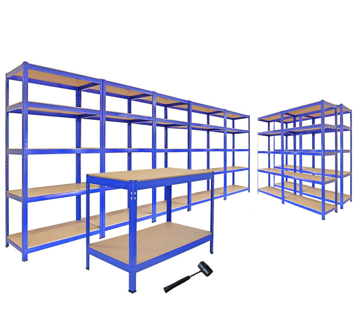 Scaffale da garage blu con ripiani in legno, include banco da lavoro e martello, design robusto e funzionale per organizzare spazi