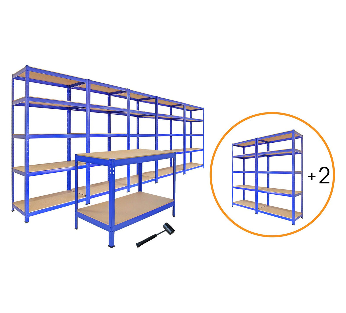 Scaffale da garage blu in metallo con ripiani in legno, include banco da lavoro e martello, ideale per organizzare spazi di lavoro