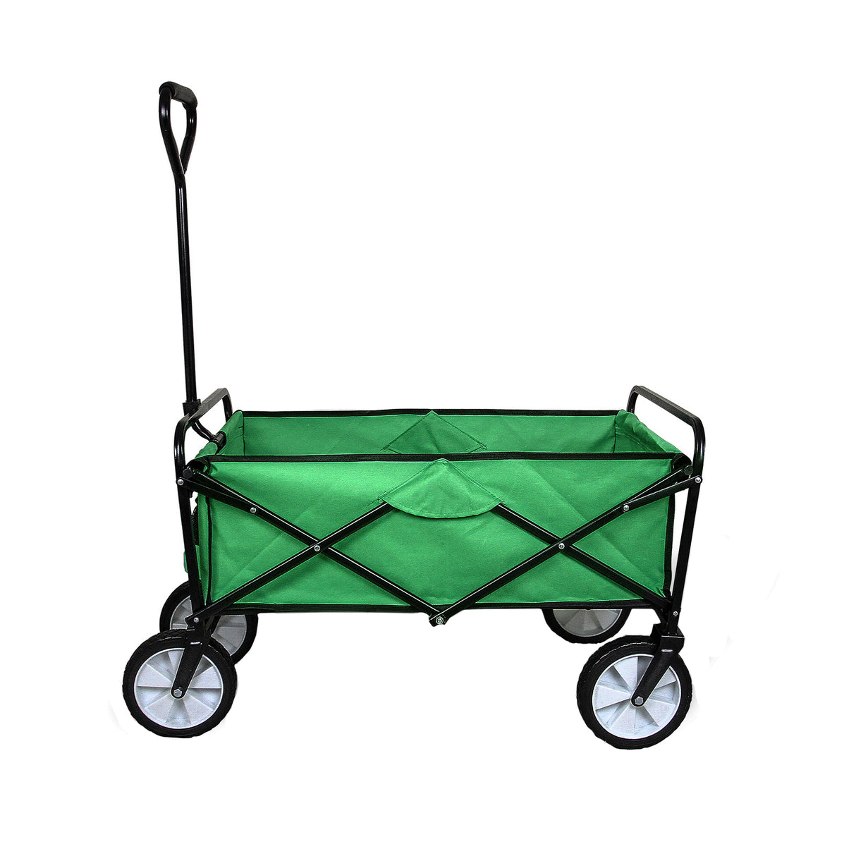 Carrello da giardino pieghevole con telaio nero, ruote grigie e scomparto verde, ideale per giardinaggio e camping