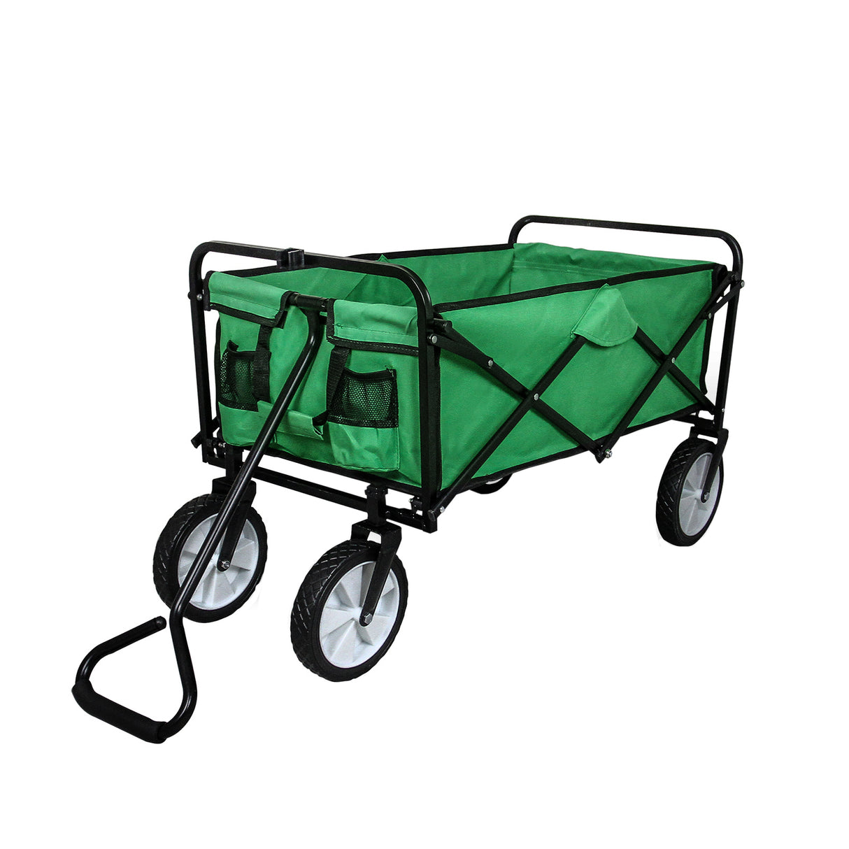 Carrello da giardino pieghevole verde con struttura nera, ruote robuste e tasche laterali per un facile trasporto di attrezzi e materiali