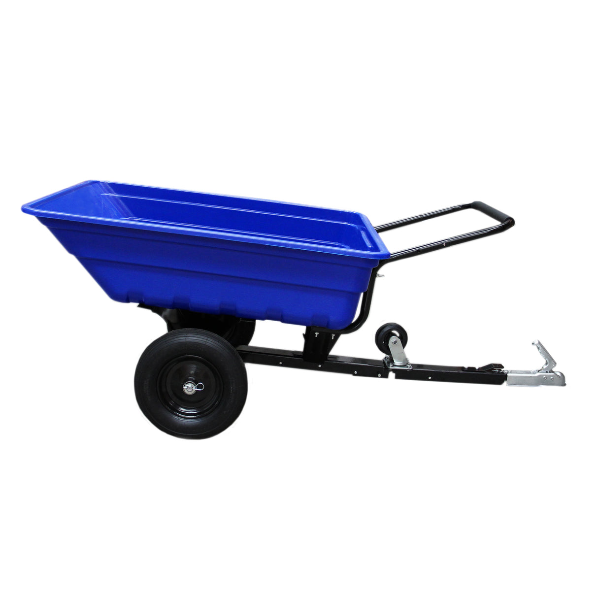 Carretto da giardino blu con pneumatici neri, struttura in metallo, ideale per il trasporto di materiali leggeri e piante