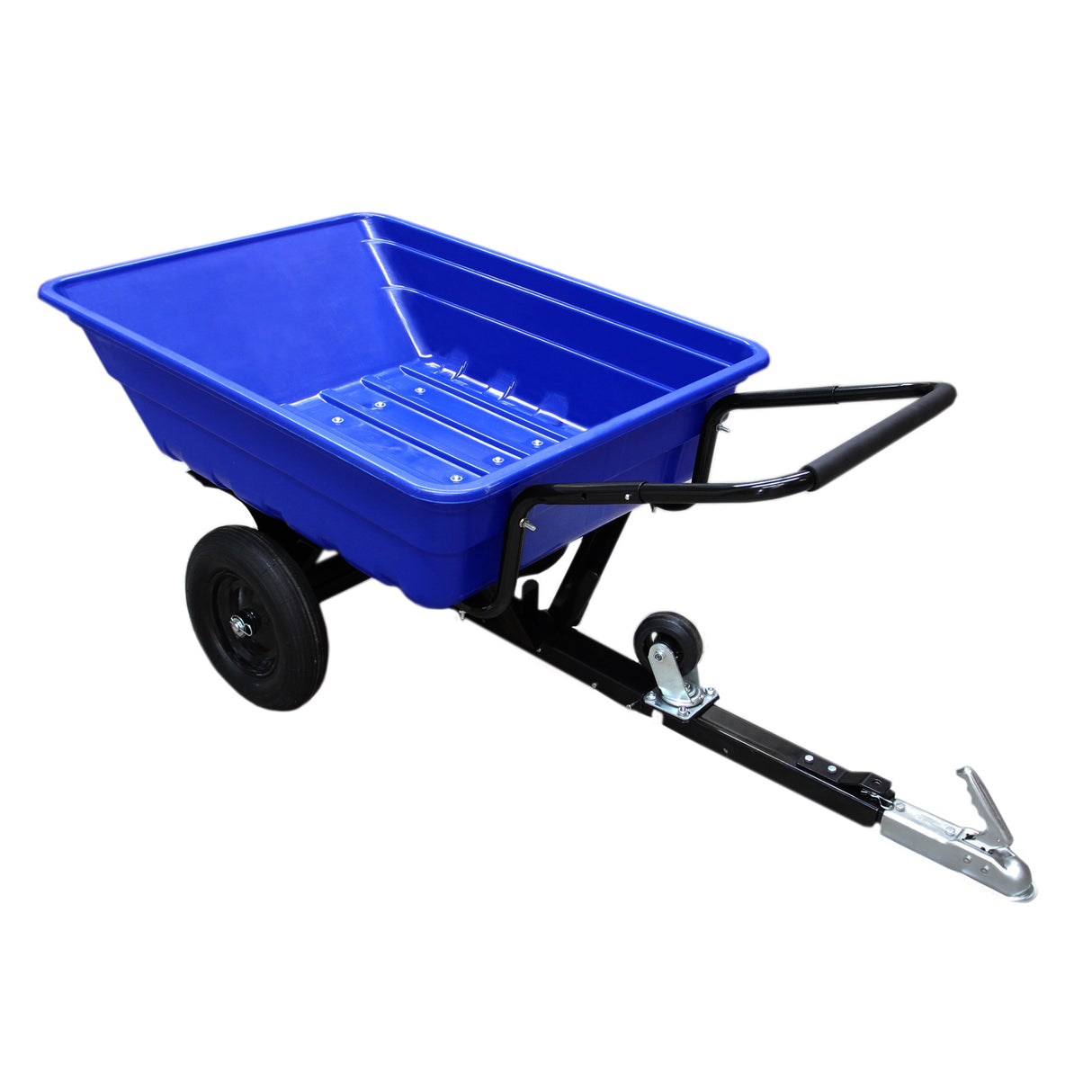 Carrello da giardino blu con pneumatici neri, struttura in metallo, fondo piatto e manico per il traino, ideale per il trasporto di materiali