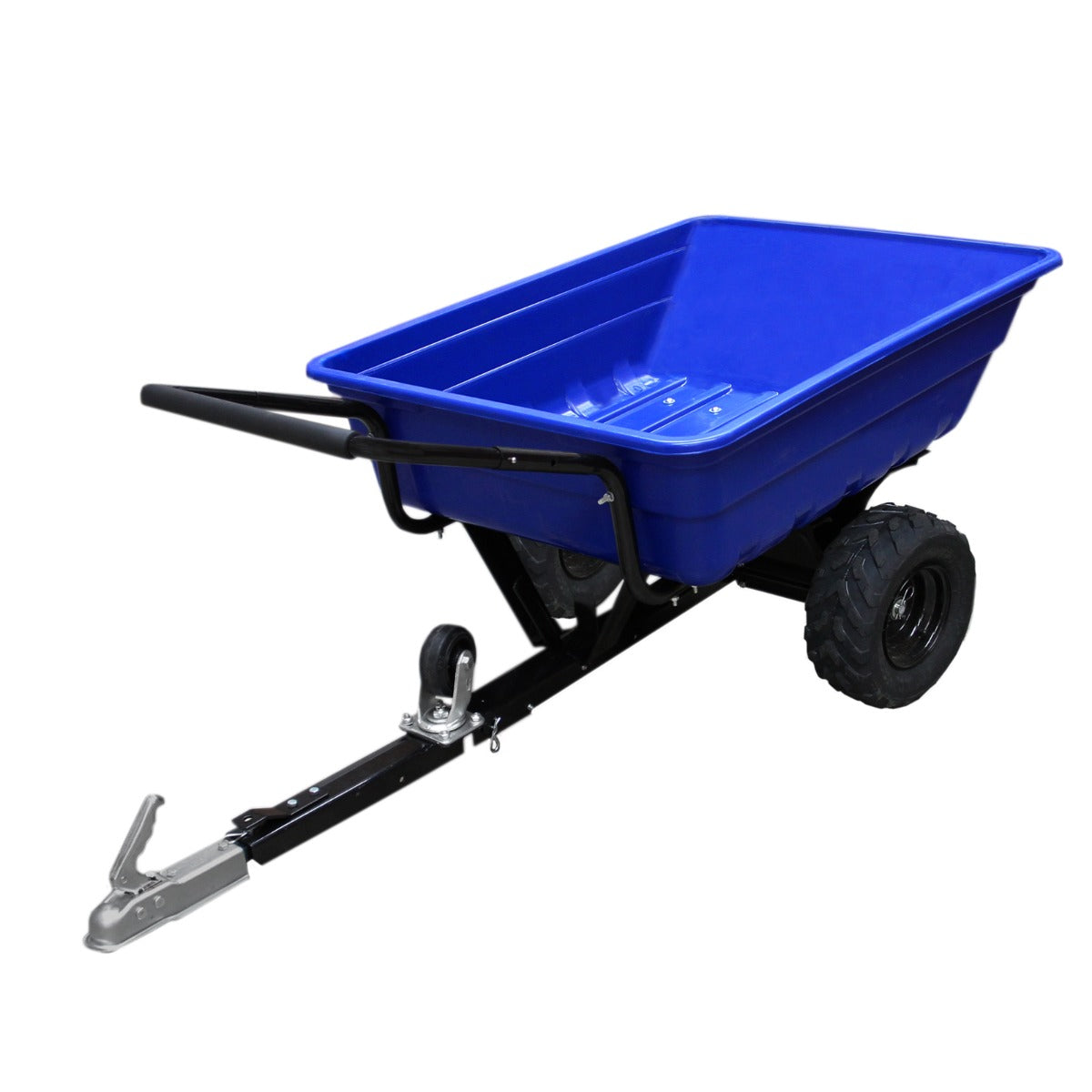Rimorchio ATV fuoristrada con vasca blu in plastica, ruote robuste e manico per un facile trasporto, ideale per giardinaggio e lavori all'aperto