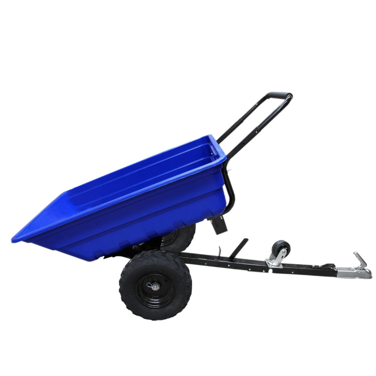 Rimorchio ATV fuoristrada blu con ruote robuste, struttura in metallo e spruzzatore da 100 litri, ideale per il giardinaggio e l'agricoltura