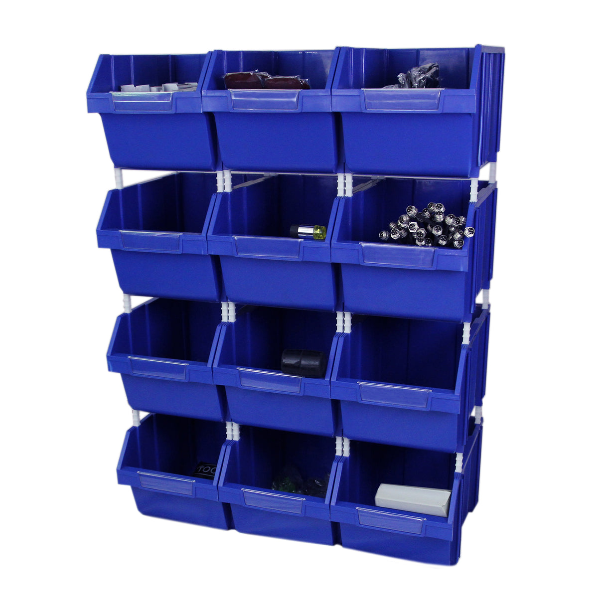 Scaffale T-RAX in acciaio senza bulloni, 90 cm, con 12 contenitori blu a bocca di lupo, ideale per organizzare utensili e materiali