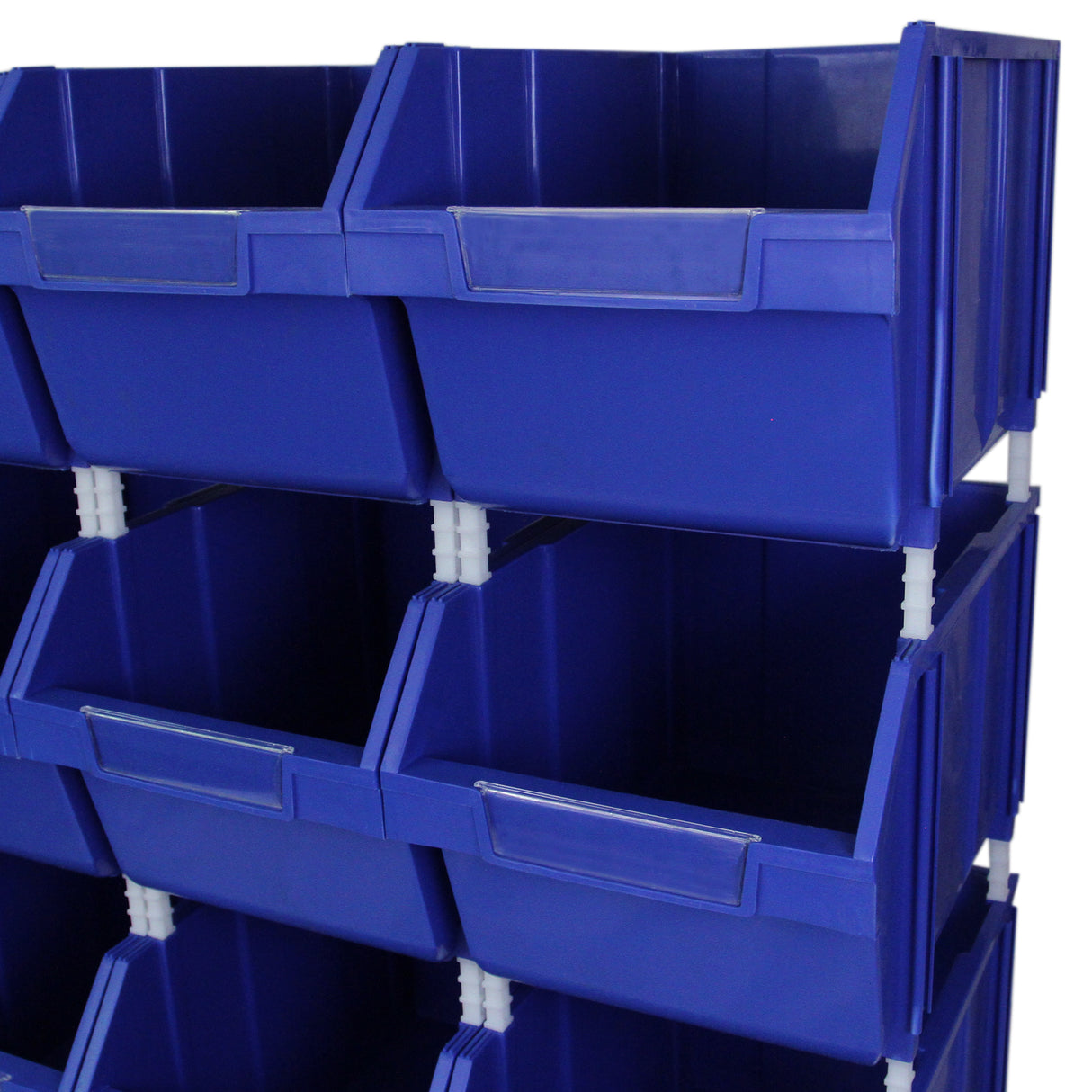 Scaffale T-RAX in acciaio senza bulloni, con 12 contenitori blu a bocca di lupo, ideale per organizzare spazi e materiali