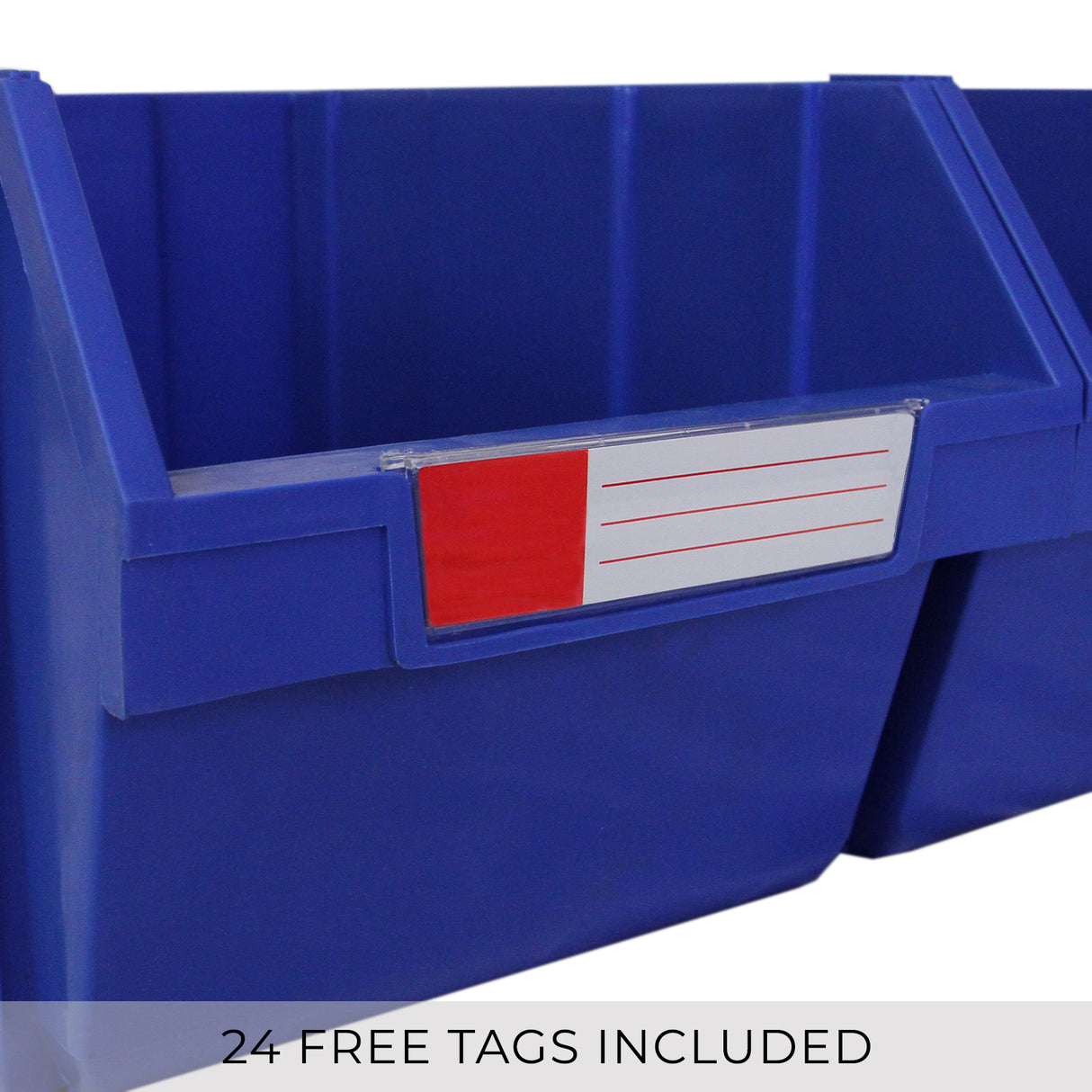 Contenitore blu in plastica con etichetta rossa, parte di uno scaffale T-RAX in acciaio, ideale per organizzare oggetti senza bulloni