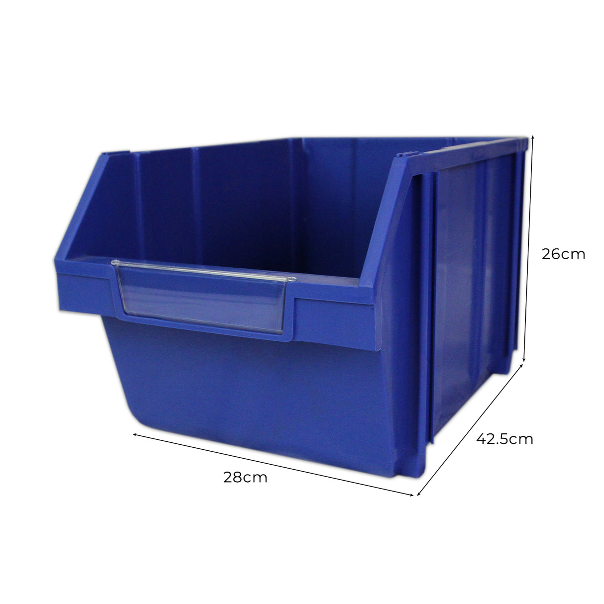 Contenitore a bocca di lupo blu, in plastica resistente, con dimensioni di 42,5 cm di lunghezza, 28 cm di larghezza e 26 cm di altezza