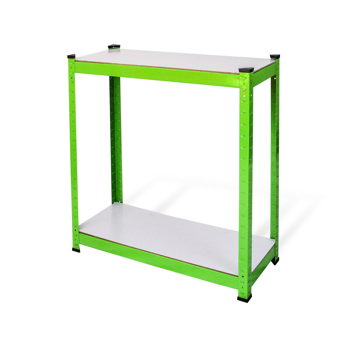 Tavolo da lavoro con struttura metallica verde brillante e ripiani bianchi, design semplice e moderno, ideale per spazi di lavoro