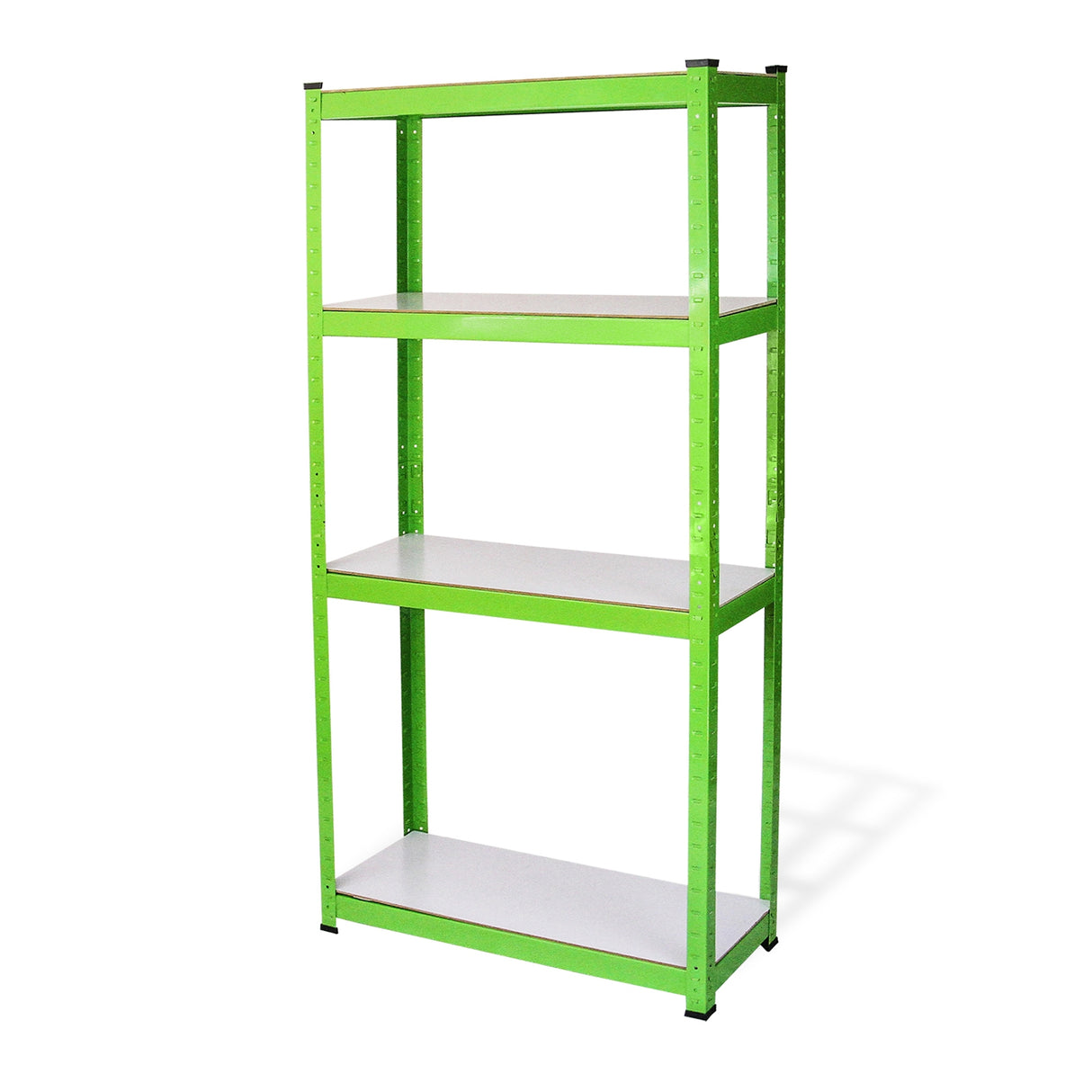 Scaffale verde brillante a quattro ripiani, con struttura metallica robusta e ripiani bianchi, ideale per organizzare spazi esterni e giardini