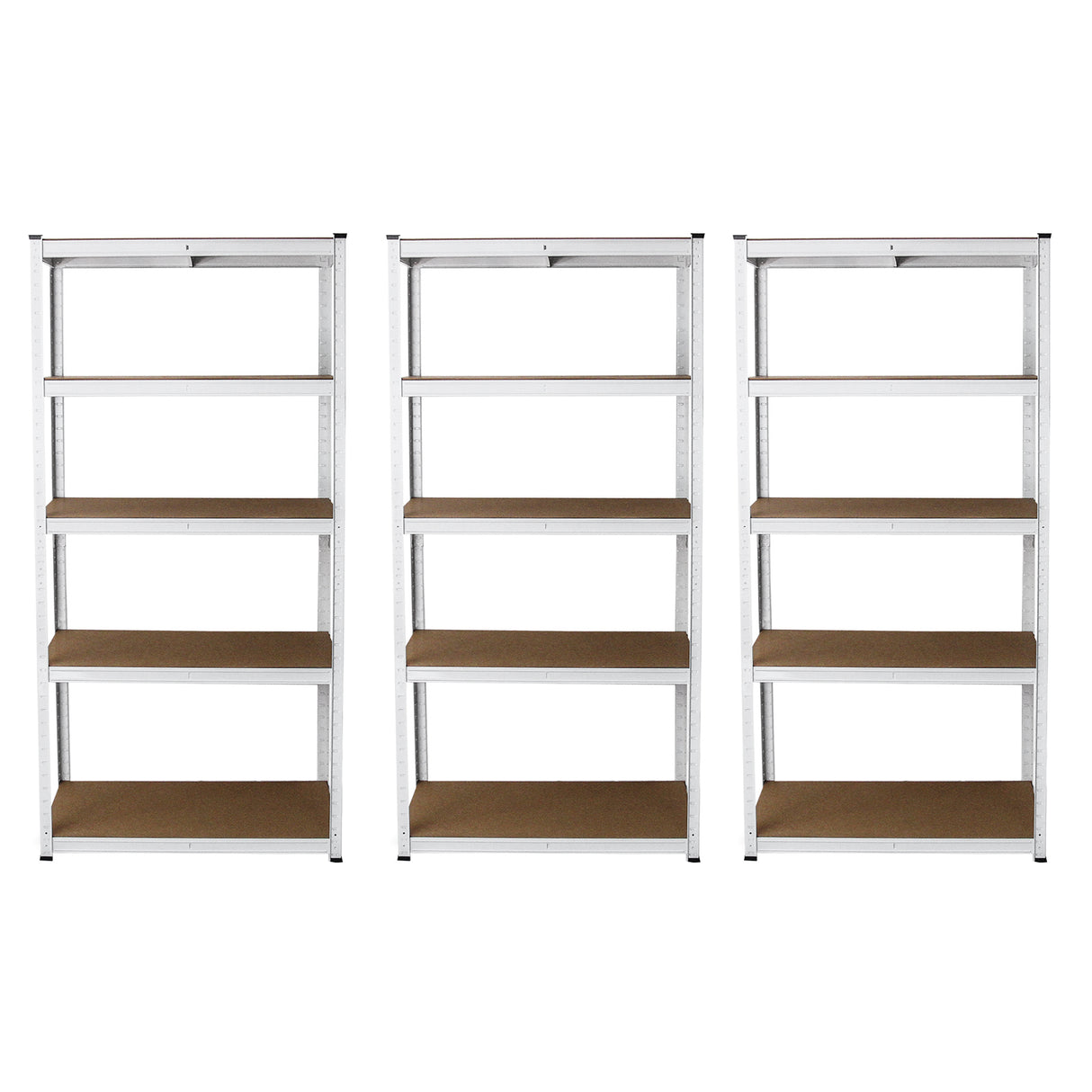 Scaffale da garage bianco in metallo con ripiani in legno, design modulare, dimensioni 90cm x 40cm, set di tre pezzi