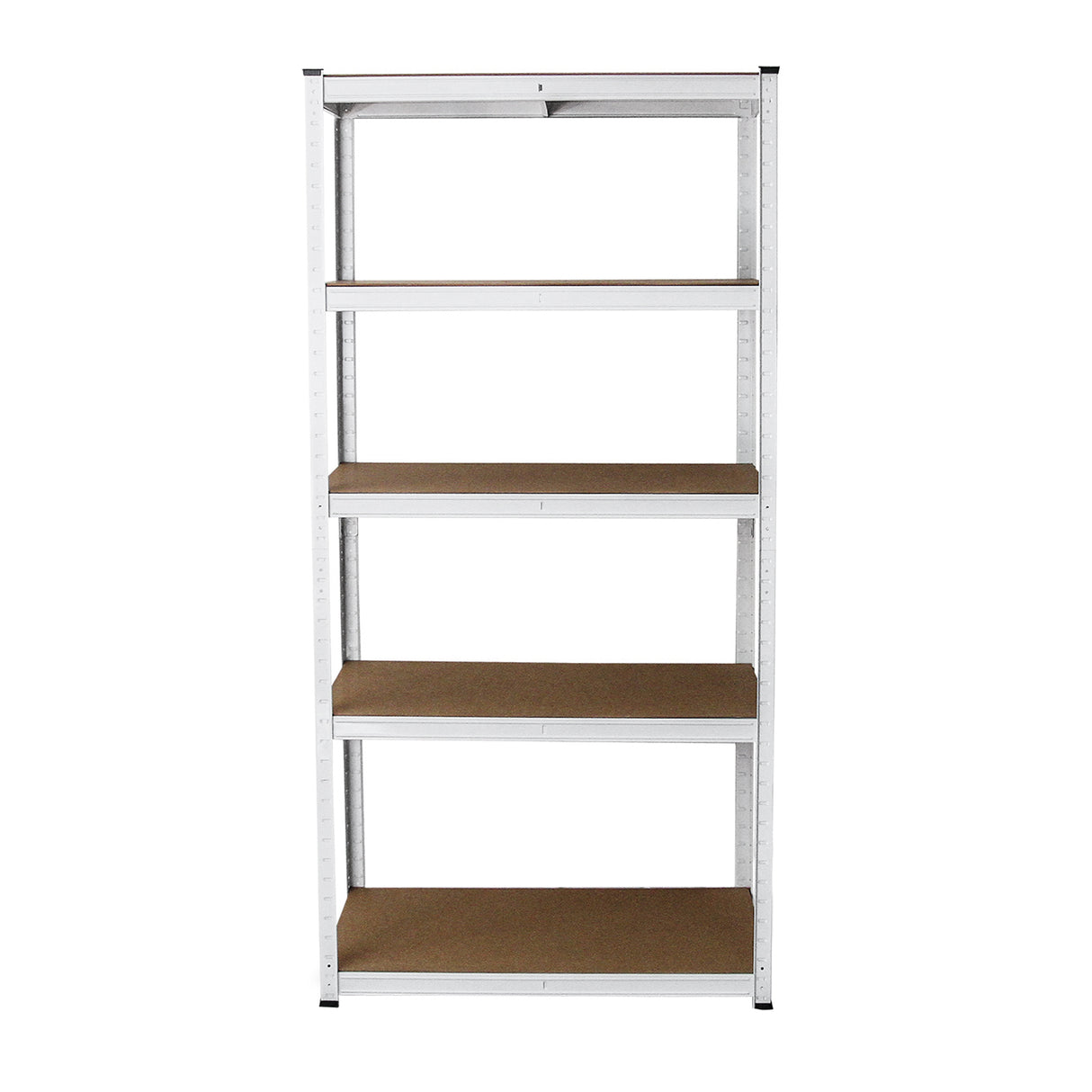 Scaffale da garage ad incastro E-Rax bianco, con cinque ripiani in truciolato, design robusto e dimensioni 90cm x 40cm