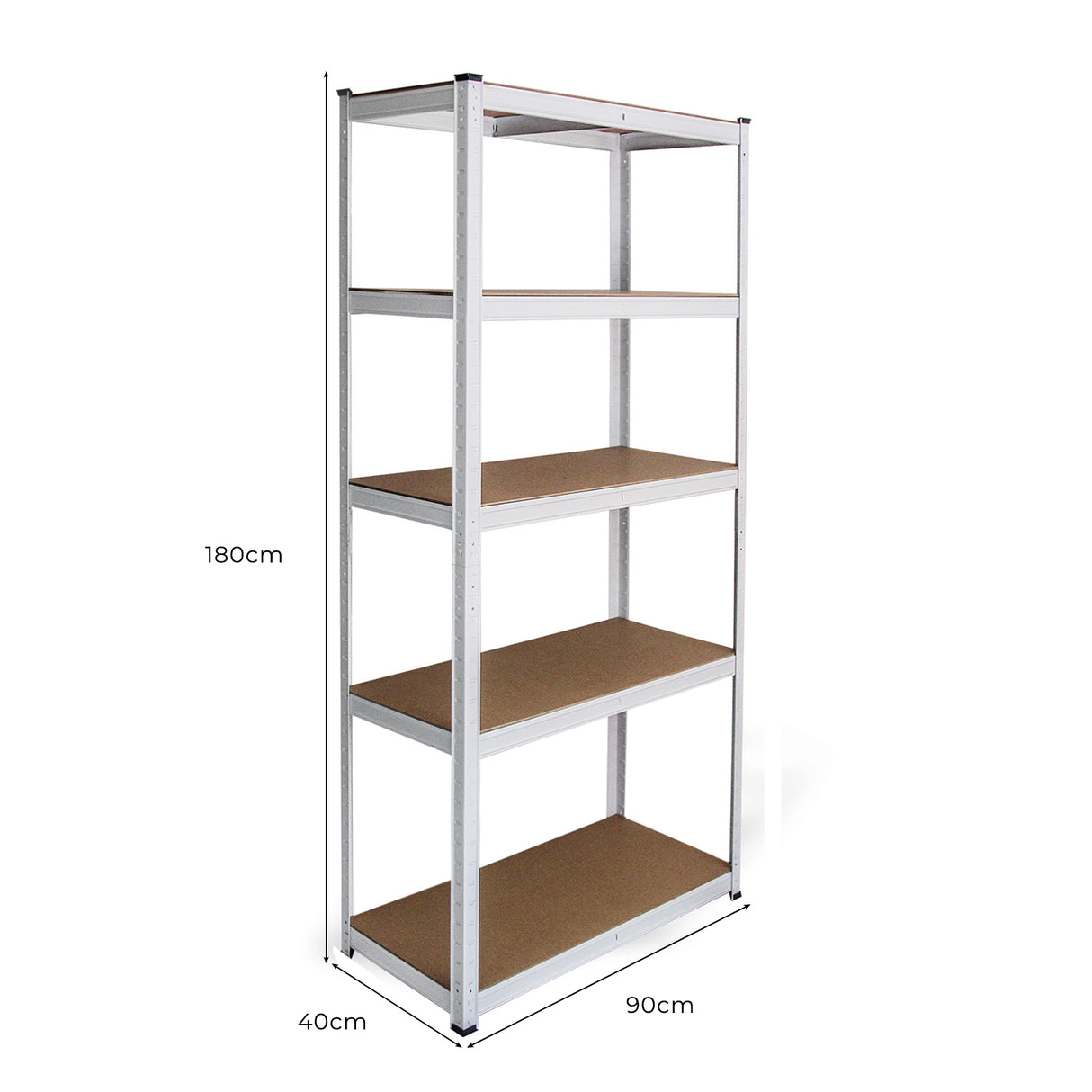Scaffale da garage bianco in metallo, con quattro ripiani in truciolato, dimensioni 90cm x 40cm, design robusto e funzionale